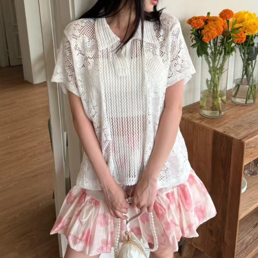 Summer Clothing Online - Chemise à col en dentelle rétro,